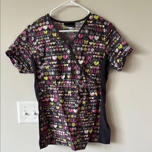 Cherokee Black and Pink Short Sleeve Scrub Top with Owl Print